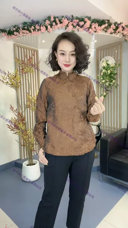 【流光锦】新中式国风复古提花盘扣褶皱木耳边立领长袖衬衫Y9090