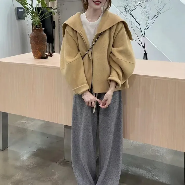 冬季新款休闲套装女通勤百搭宽松拉链海军翻领外套阔腿长裤两件套