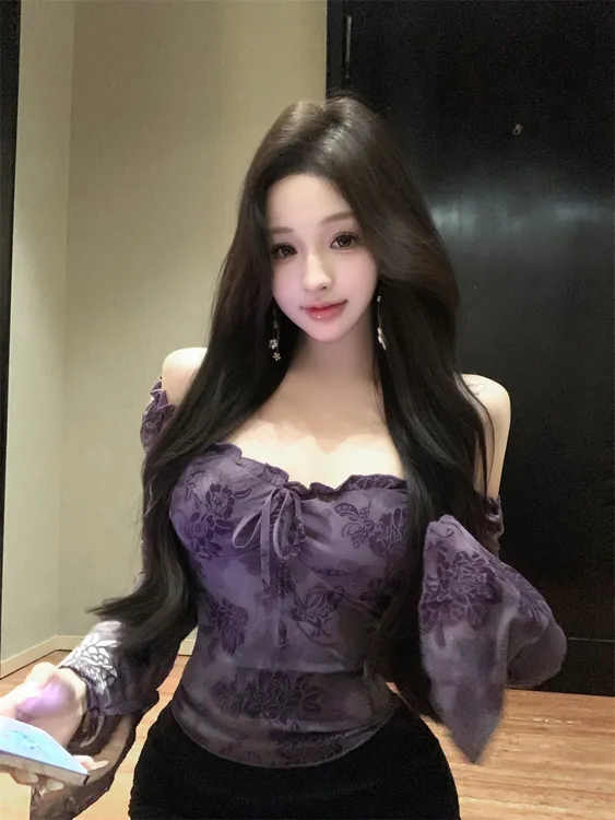 新款紫色系纯欲气质木耳边系带提花喇叭袖修身显瘦可露肩长袖上衣