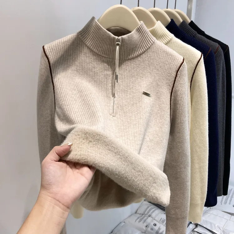 新款拉链半高领毛衣一体加绒加厚针织打底衫女秋冬百搭保暖上衣