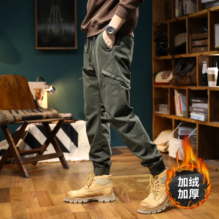 薄厚加绒秋冬美式复古男装男休闲束脚长裤松紧腰百搭修身