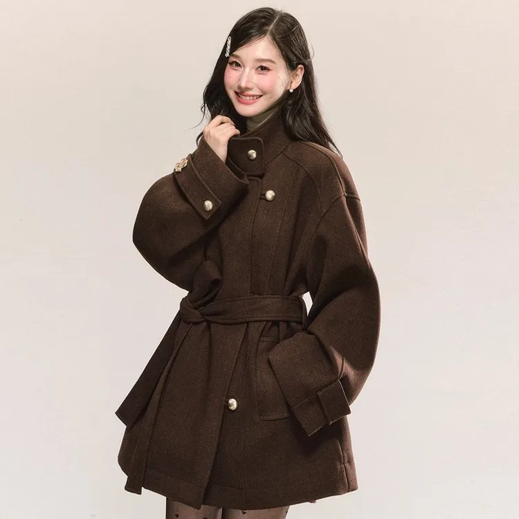 2025冬装新款加棉加厚小个子短款毛呢外套女复古立领显瘦显高大衣