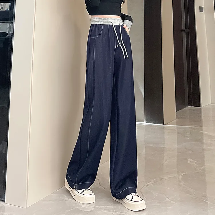 丹宁蓝直筒牛仔裤女春秋2025年新款松紧腰小个子窄版垂感高腰显瘦