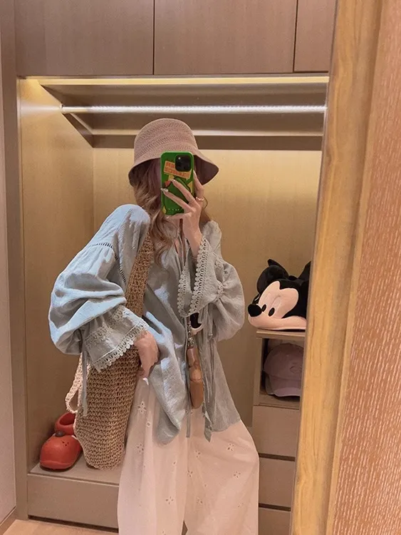 2025夏季新款法式薄荷绿蕾丝翻领荷叶边V领衬衫女阔腿裤两件套潮