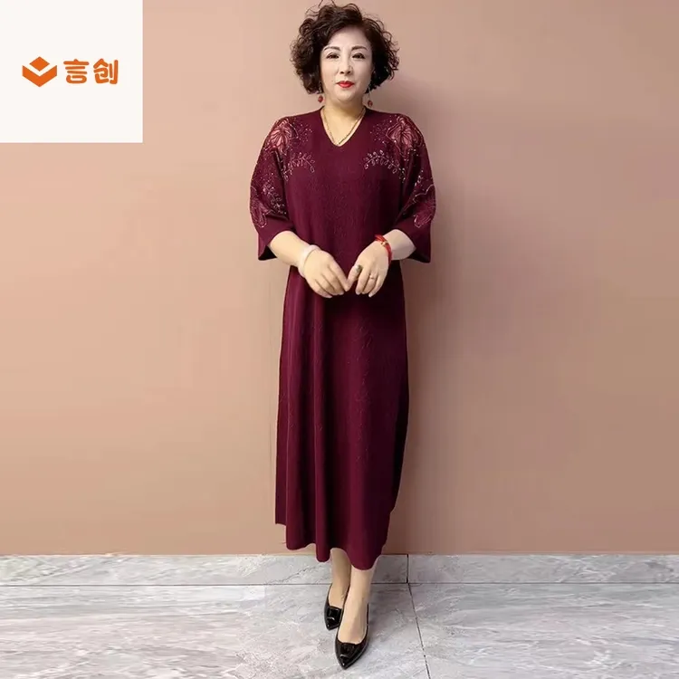 306短袖气质妈妈镂空花针织连衣裙春季宽松大码显瘦遮肉过膝长裙