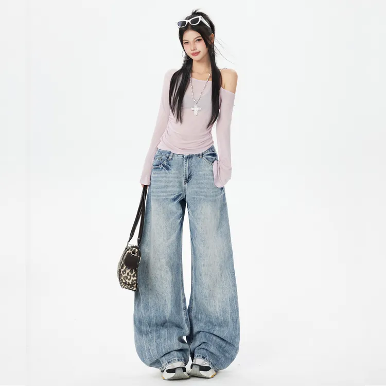 GL 手工洗水工艺牛仔裤秋冬新款美式复古百搭重工弯刀宽松阔腿裤