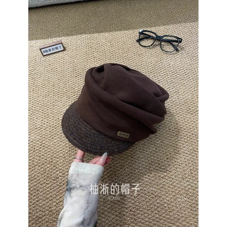 柚淅/鸭舌帽女秋冬季新款时尚显脸小褶皱报童帽日系温柔风马术帽