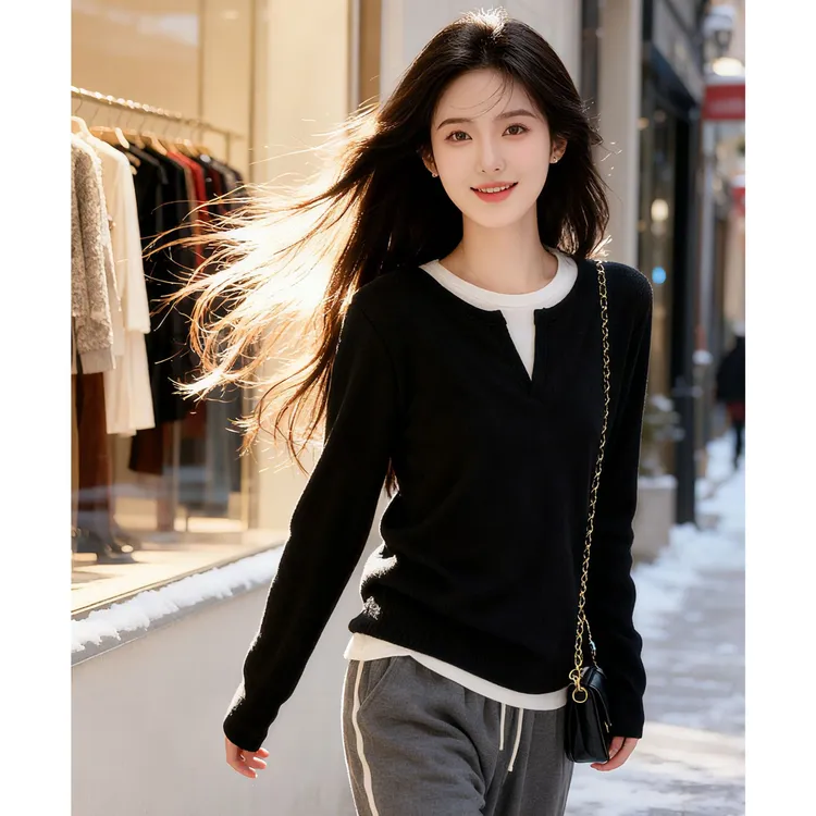 欧货设计感假两件T恤衫女款春秋装圆领时尚显瘦正肩长袖上衣拼接