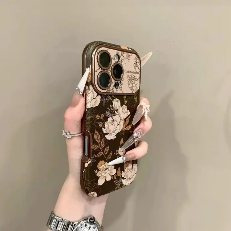 复古棕油画立体花朵适用苹果16promax大视窗手机壳iphone17新款软