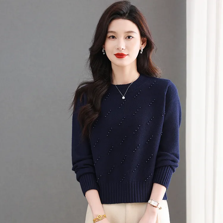 哥弟阿玛施正品秋季新款纯色珍珠条圆领针织衫洋气百搭通勤设计感