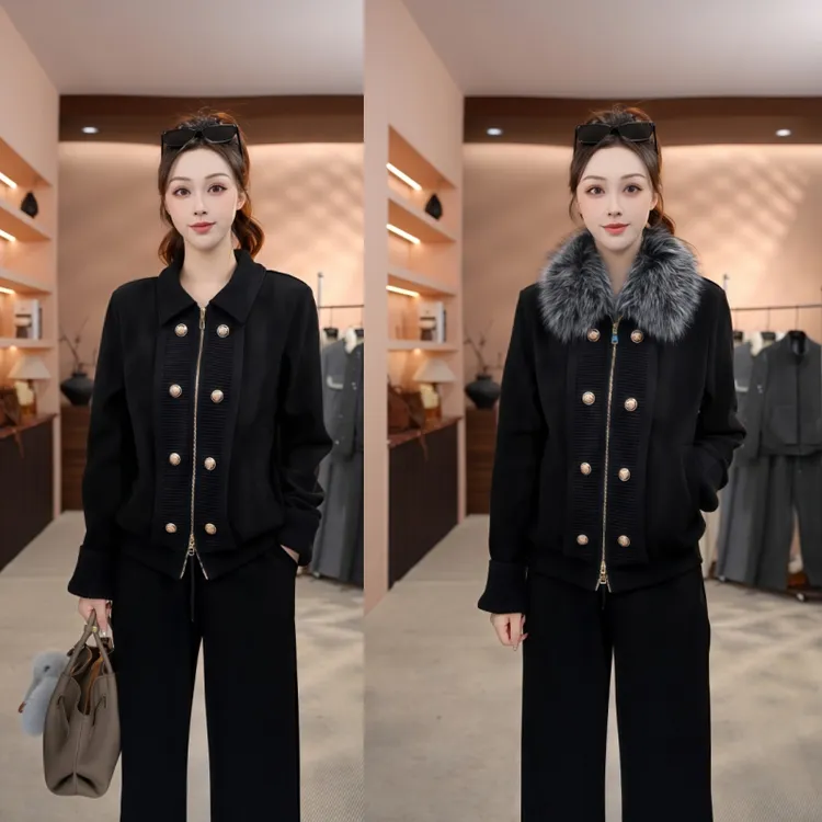 【MM.Studio】冬季新款时尚洋气双拉链显瘦带毛领卫衣套装-MM175