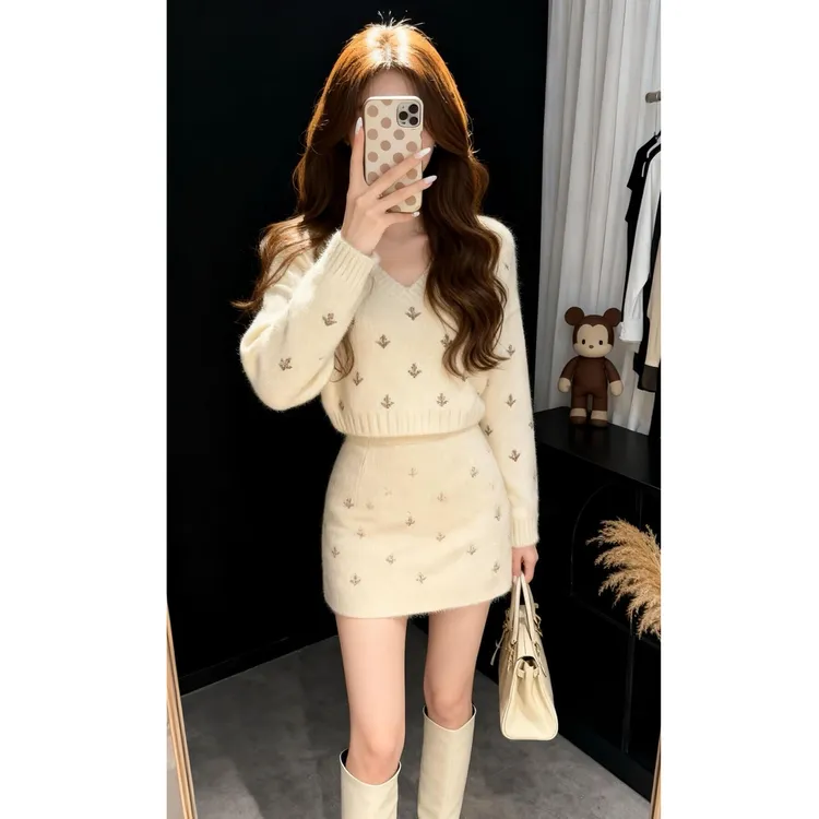 韩系ootd小香风针织衫毛衣半身连衣裙子2026冬装一整套巨好看短裙