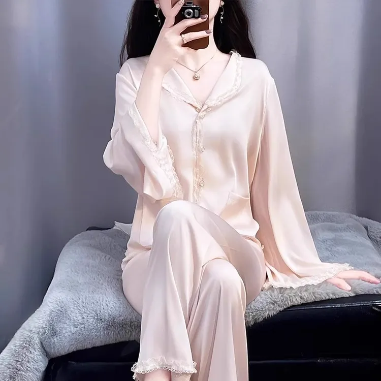 tpvl旗舰正品2025新款水光绸法式睡衣女春秋季家居服套装粉色长袖