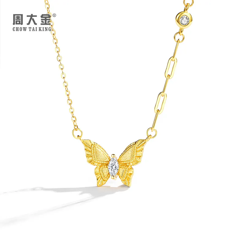 坠链均925银 周大金拉丝蝴蝶项链女纯银锁骨链气质轻奢时尚百搭潮