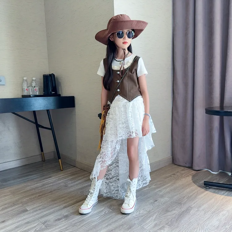 女童短袖马甲不规则蛋糕裙夏装三件套儿童森系时尚蕾丝半身裙套装