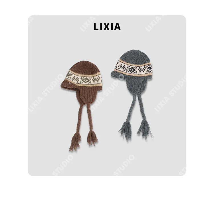 LIXIA【费尔岛小帽】百搭费尔岛图案编织护耳滑雪小帽-D10773