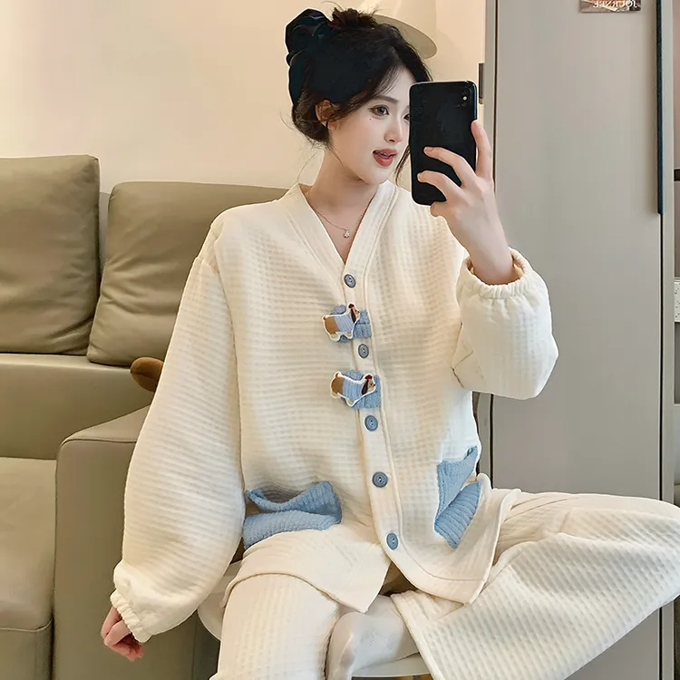 孕妇加厚保暖睡衣空气棉月子服产后大码哺乳家居套装长袖上衣长裤