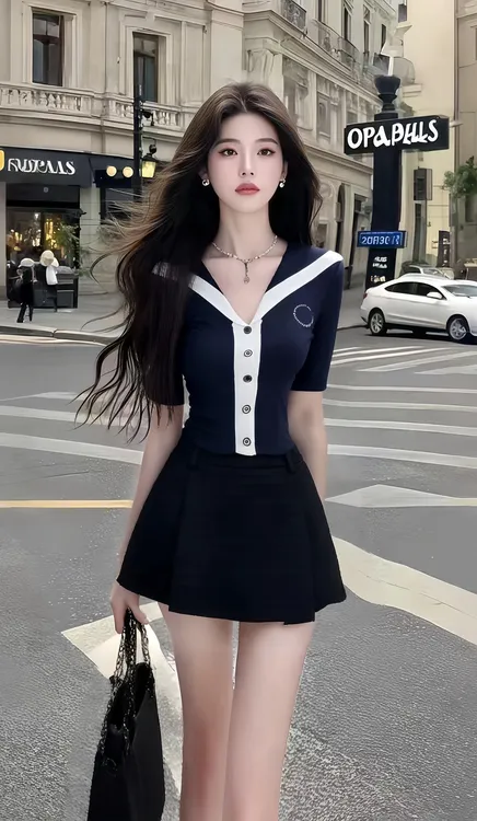 温柔纯欲风藏青色V领修身短袖上衣+黑色设计感百搭半身裙女两件套