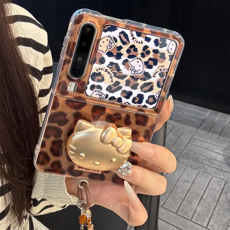 适用华为purax典藏版折叠屏手机壳pocket2美拉德豹纹金色kt猫支架