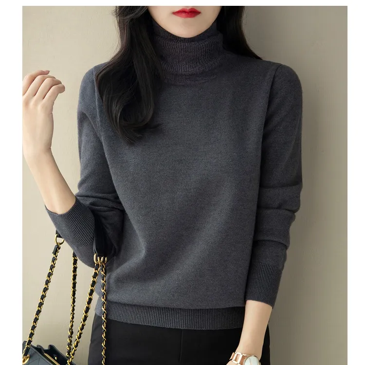 2025冬季新款女深灰色宽松加厚款长袖针织衫高领毛衣内搭打底上衣