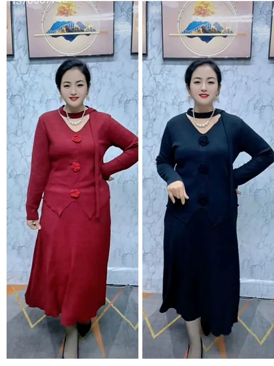 秋冬新款针织套装气质名媛法式修身显瘦毛衣裙两件套女装时尚