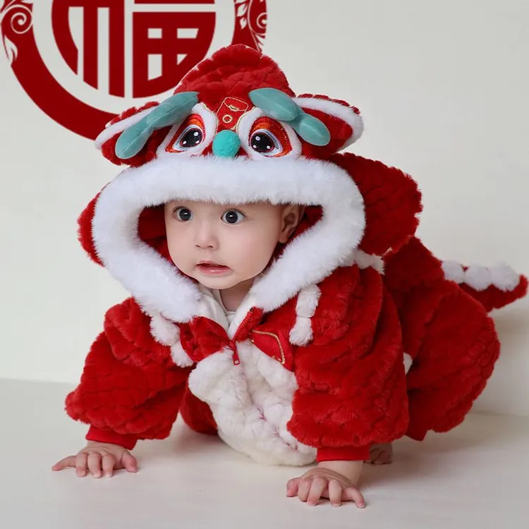 冬季新款拜年服儿童男女宝宝婴儿爬服周岁宝宝连体衣加绒哈衣衣服