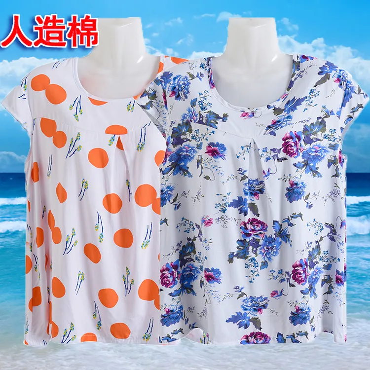 人造棉马蹄袖圆领短袖中老年女装宽松睡衣宽松型背心中式休闲常规