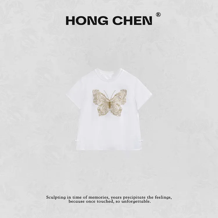 【虹辰】高端时尚优雅立体蝴蝶刺绣气质百搭高级感圆领短袖--HC2609