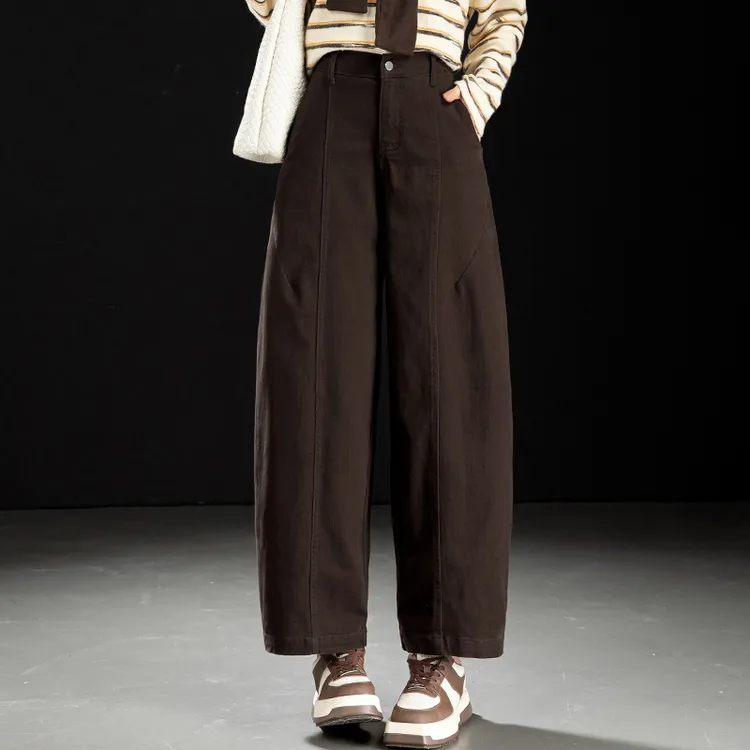 弯刀牛仔裤女2025新款秋冬美拉德穿搭气球裤女宽松阔腿裤咖色裤子