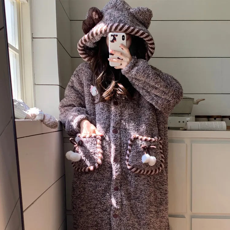 冬天睡袍睡衣女款爆款2025新款珊瑚绒长毛绒甜美风加厚家居服套装