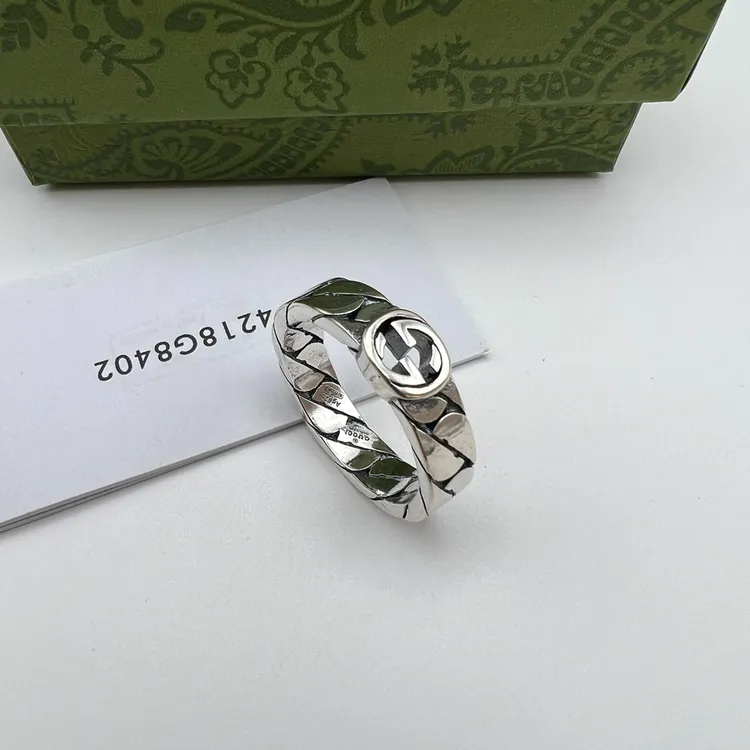 925银戒指 古奇双G互扣式古巴纹镂空戒指情侣复古简约素时尚指环