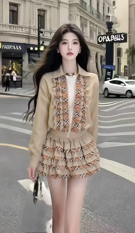 秋季新款时尚设计感卡其色翻领长袖上衣+小众百搭半身裙显瘦套装