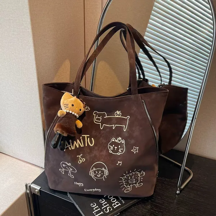 Aimitu2025新款复古风通勤刺绣大容量休闲简约单肩双肩托特包