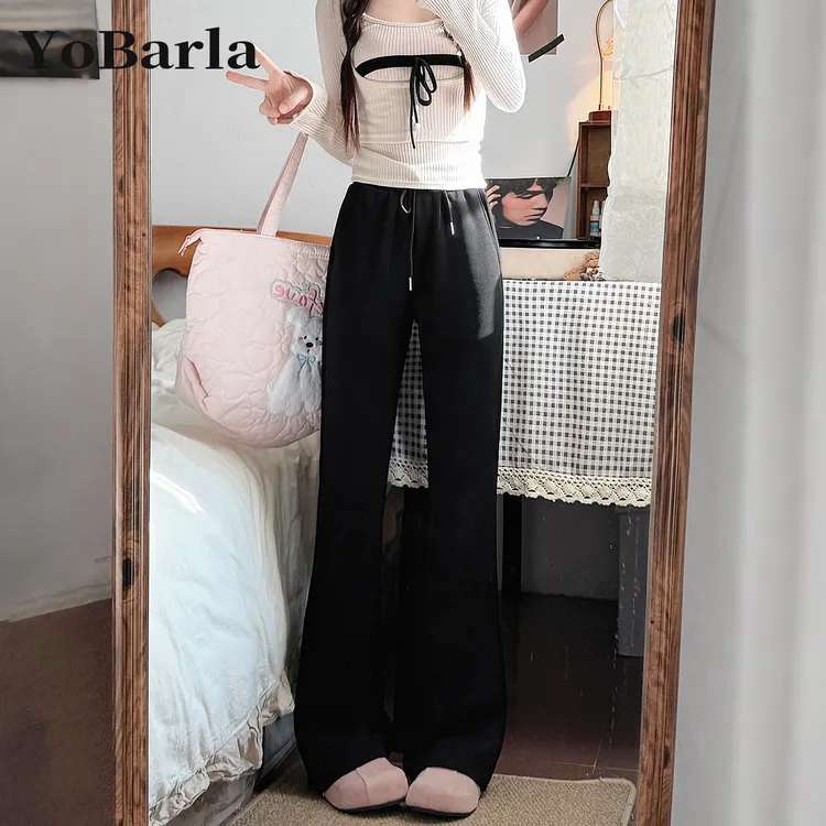黑色微喇休闲裤女秋季新款大码胖mm梨形身材弹力显瘦高腰运动卫裤