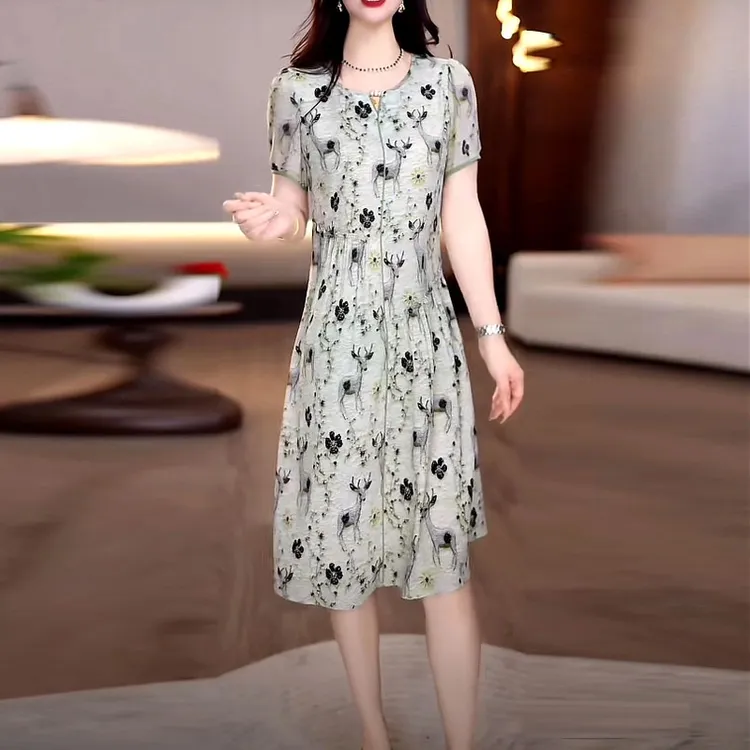 2025夏季新款轻羽丝时尚气质印花优雅碎花连衣裙遮肉宽松洋气裙子
