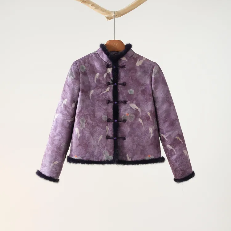 西子/【锦鲤戏莲】新中式国风荷塘月色水貂毛夹棉外套/WTXZ0005