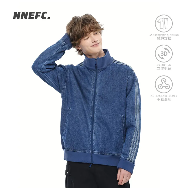 NNEFC 「温网老钱风 原版牛仔」 男女同款三条杠宽松棒球外套上衣