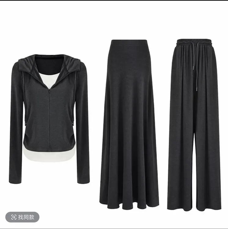 绒感高弹假两件显瘦修身撞色连帽上衣直筒裤半裙套装