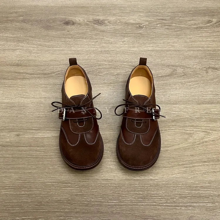 Dannyfrey秋冬时尚复古德训女头层牛皮系带拼色休闲百搭单鞋3.5CM