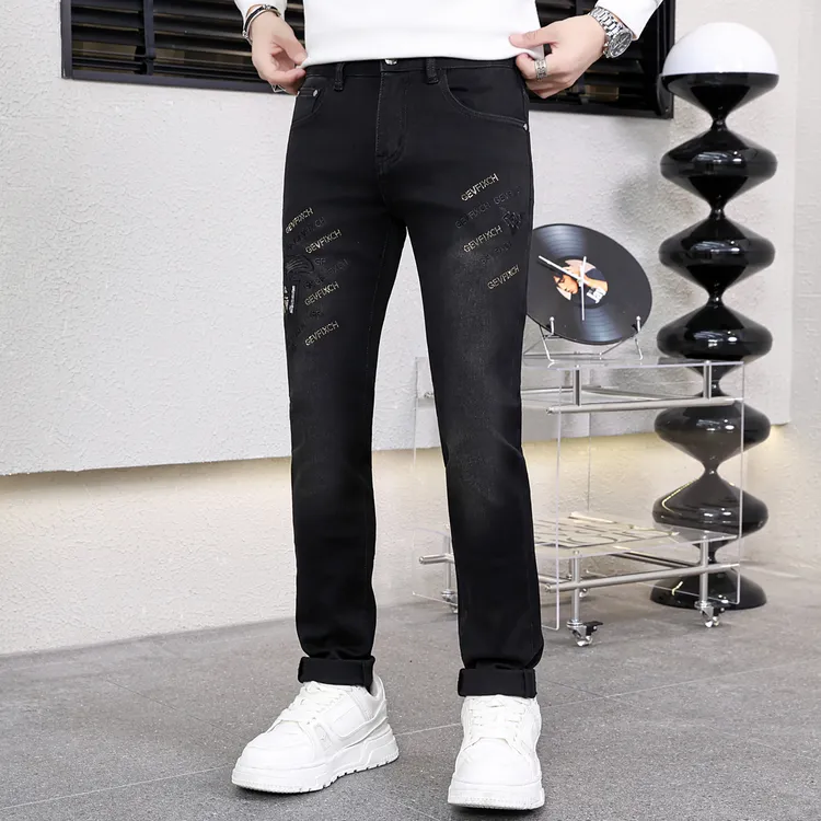 秋冬2221烫钻刺绣牛仔裤潮流百搭黑色男士修身弹力时尚