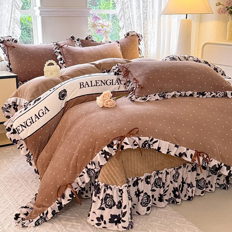 韩式公主风保暖冬季防滑防静电防寒床品四件套加厚双面水晶绒加绒