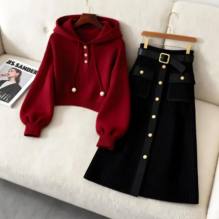小众别致红色连帽抽绳纯色卫衣女款秋季黑色休闲百搭半身裙两件套