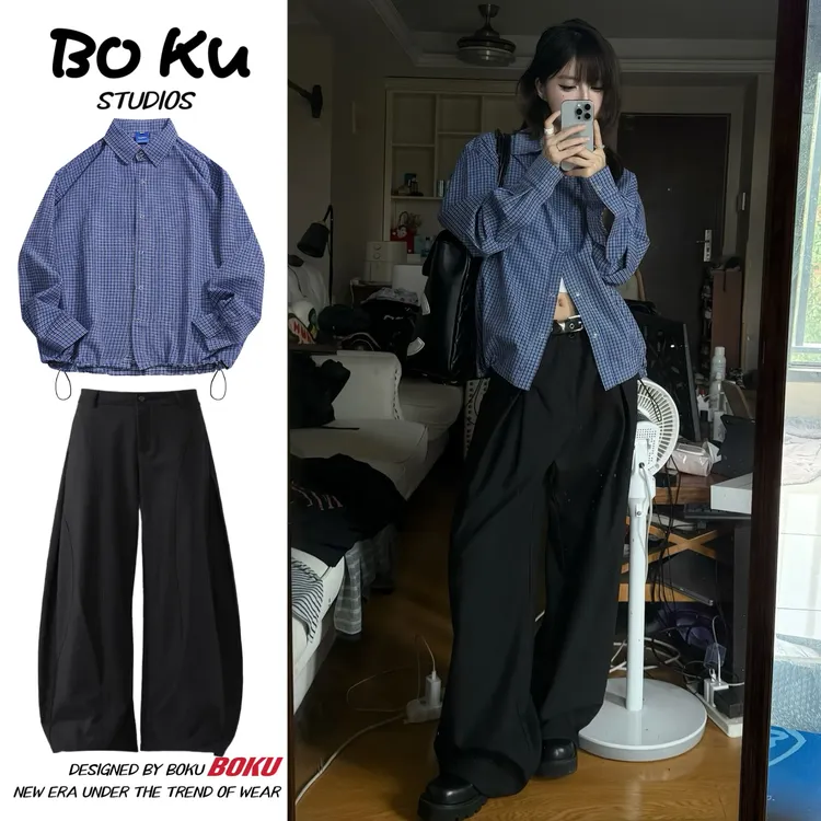 @BOKU两件装/单件美式休闲cleanfit格子长袖衬衫男女宽松休闲衬衣