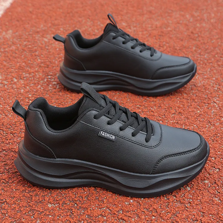 全黑色老爹运动鞋男2025新款秋冬软底厚底增高男鞋皮面防水休闲鞋