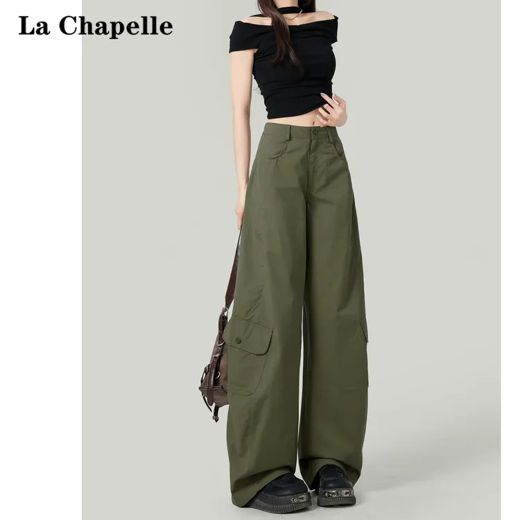 拉夏贝尔军绿色阔腿弯刀休闲裤女2025年夏季高腰宽松显瘦工装裤子