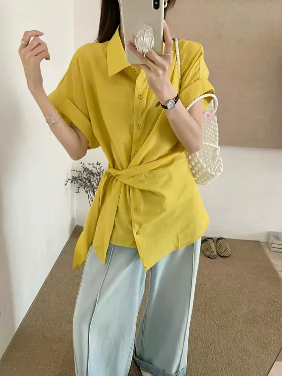 韩系2025夏季新款时尚简约设计感翻领单排扣绑带收腰显瘦衬衫上衣