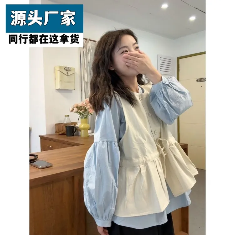 梵乐芬宽松百搭圆领长袖衬衫叠穿绑带马甲套装2025春季新款时尚两