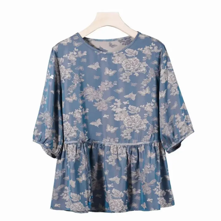 【杺织阁】夏季蝴蝶提花国风碎花苎麻衬衫上衣印花碎花宽松女装