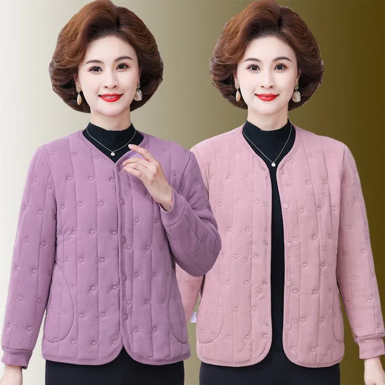 中老年新款春秋冬季妈妈加绒加厚内胆保暖棉袄棉服女装外套