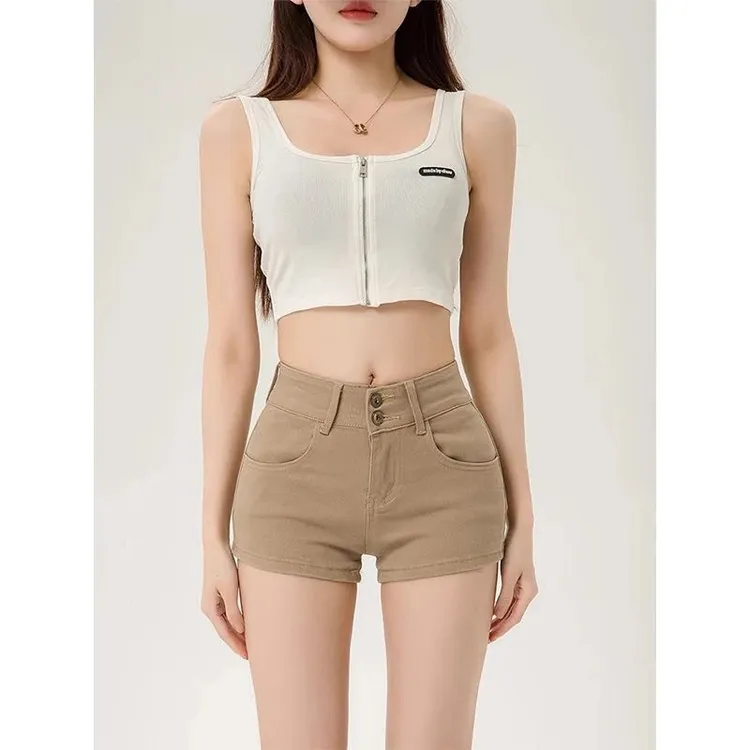 美式复古卡其色双扣牛仔短裤女夏季新款高腰显瘦性感紧身包臀热裤